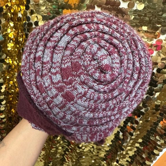 Chic Burgundy Knit Cloche Hat with Rose Detail